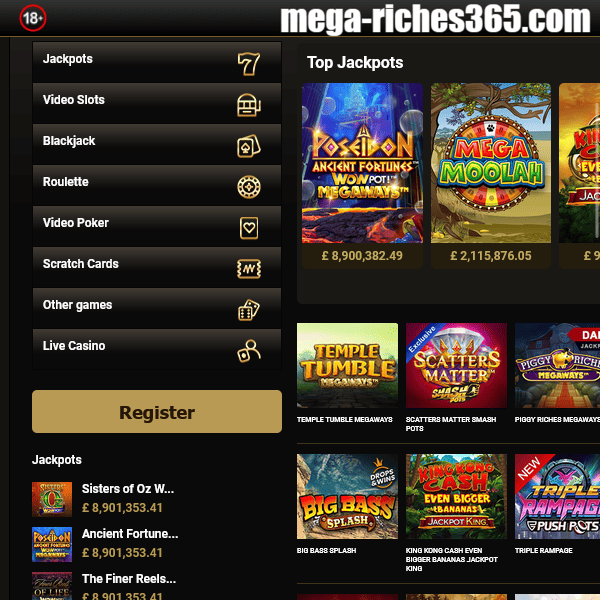 Mega Riches Jackpots Section Top