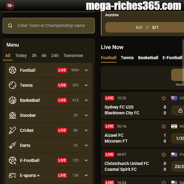 Mega Riches Sports Section Menu